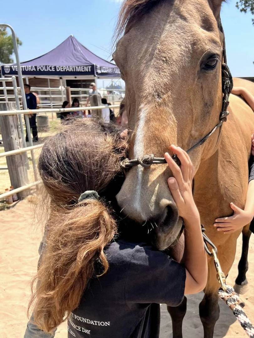 child hugging horse's head at event