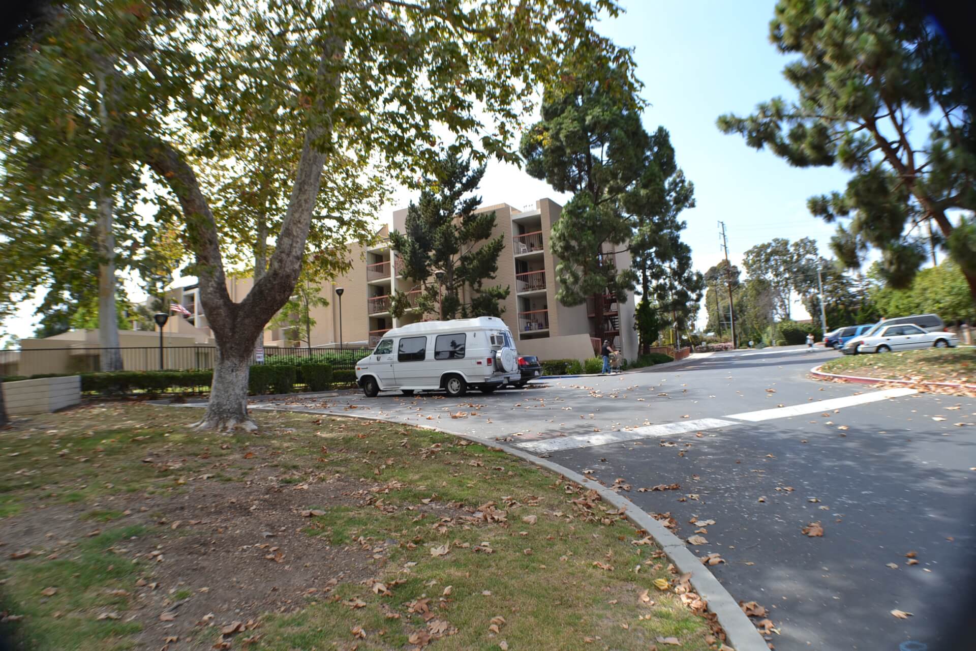 Leaf-strewn parking area under large trees; apartment buildings in back and a white camper van parked in front.