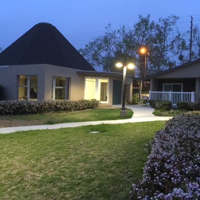 outside Johnson Gardens at night